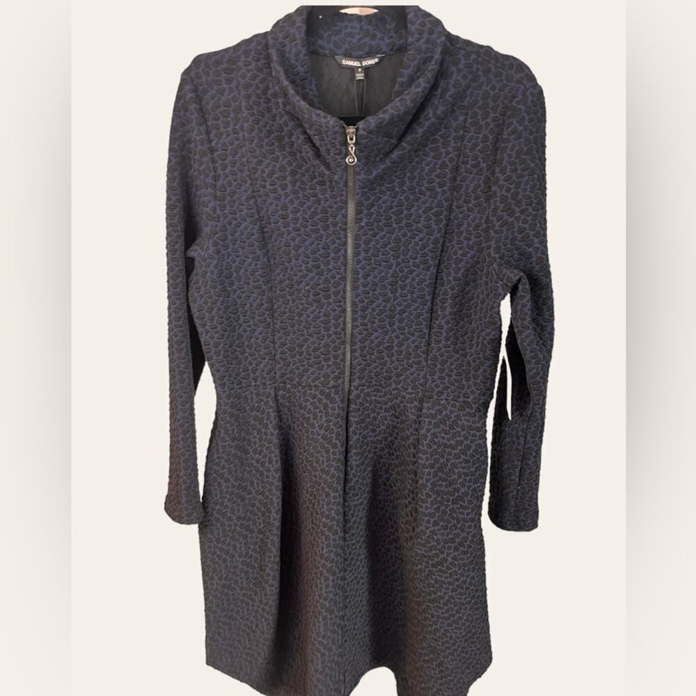 Samuel Dong Navy Blue Jacquard Dress Coat Medium NWT